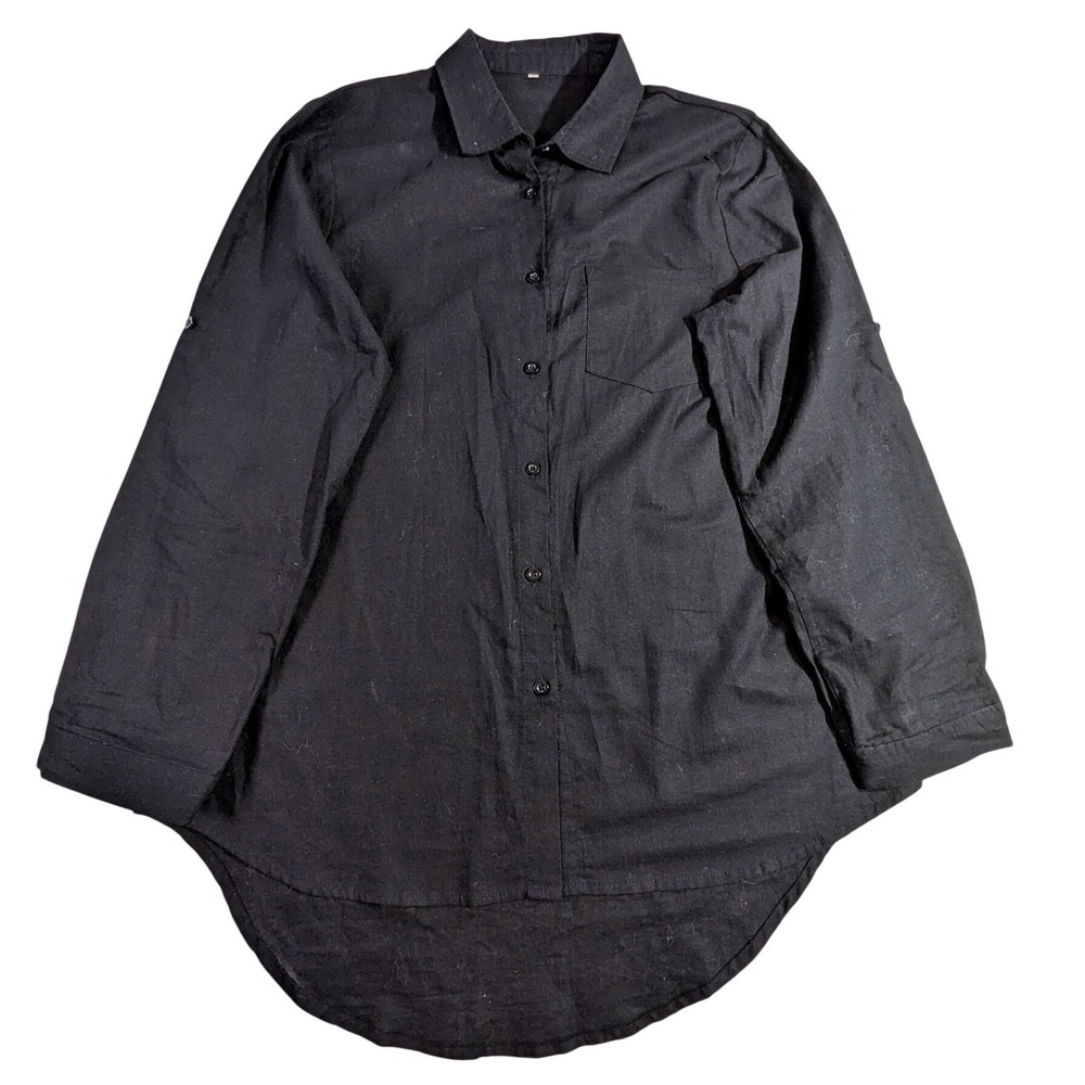 Women's Black Linen Cotton‎ Blend Button-Down Shirt – Long Sleeve – Size L